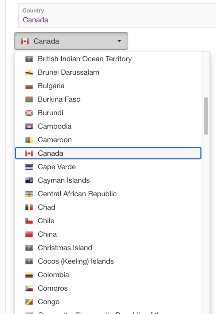 Country list with flags.