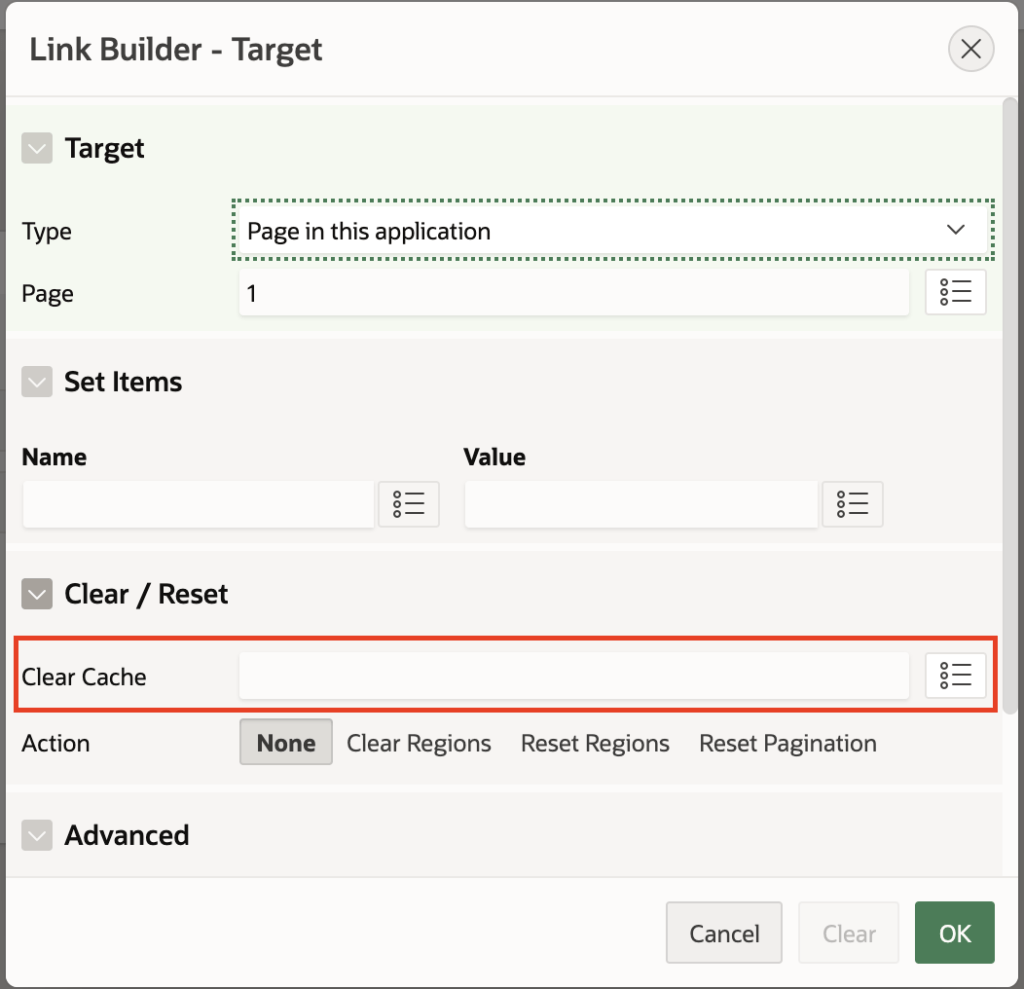 Clear Cache setting for link.