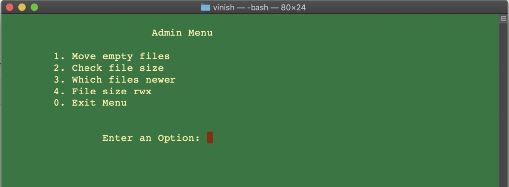 Linux menu output.
